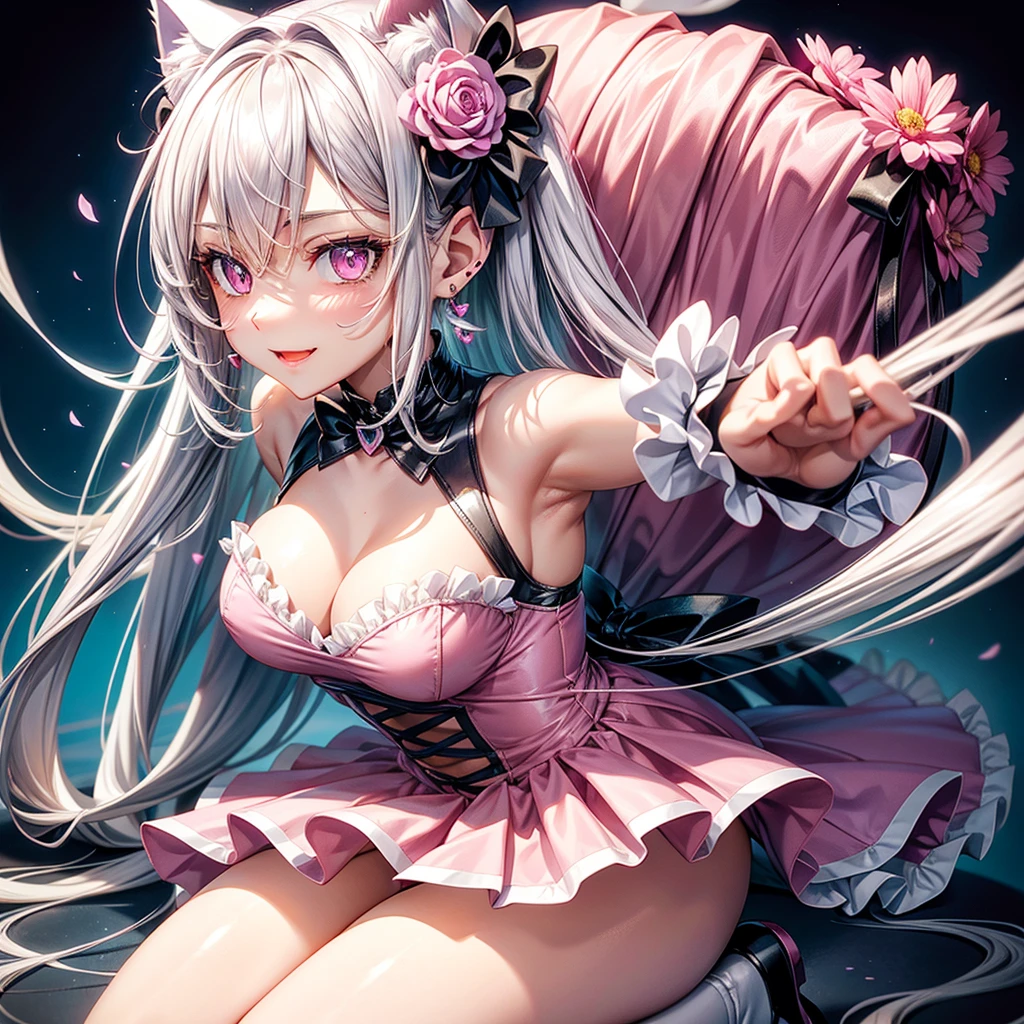 Silver hair, pink eyes, body, cat ears, sexy girl, earrings, flower background,pink blue uniform, hair bows, happy face, thigh up