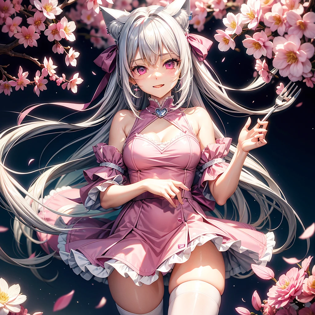 Silver hair, pink eyes, body, cat ears, sexy girl, earrings, flower background,pink blue uniform, hair bows, happy face, thigh up