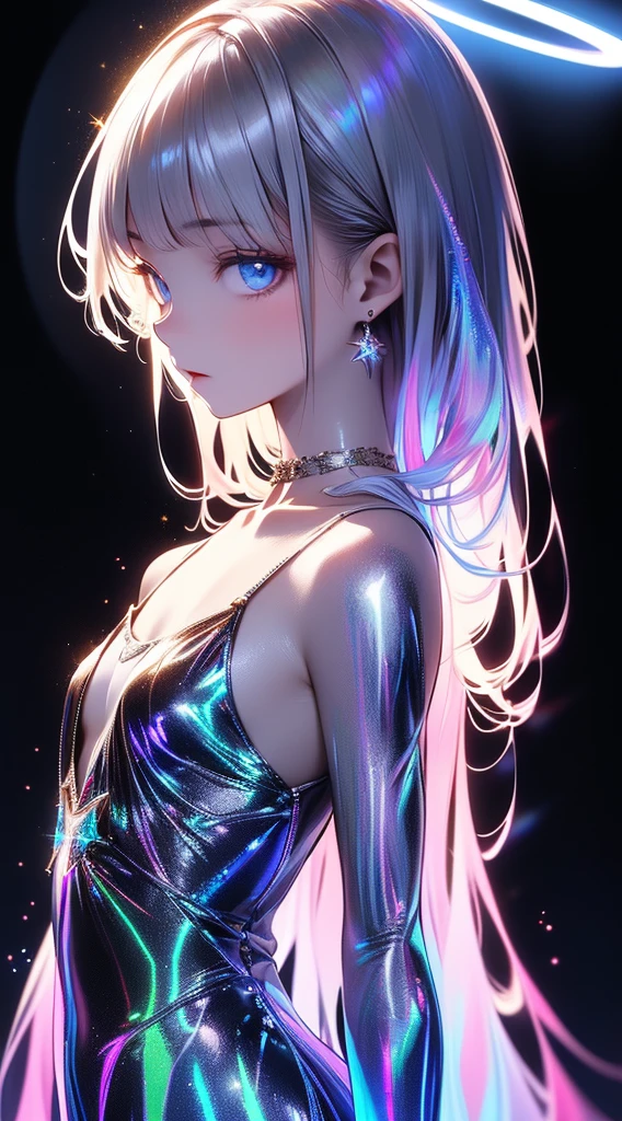 (masterpiece),(highest quality:1.2),(Perfect Anatomy),Exquisite detail,((1 Girl)),Long silver hair,((Flat Chest)),Beautiful and exquisite blue eyes,hologram dress,(holographic halo:1.5),(black background),(Highly detailed elegant), Silky to the touch,cowboy shot,(From the side),(sideways glance),like a dream and happiness atmosphere,Brush strokes