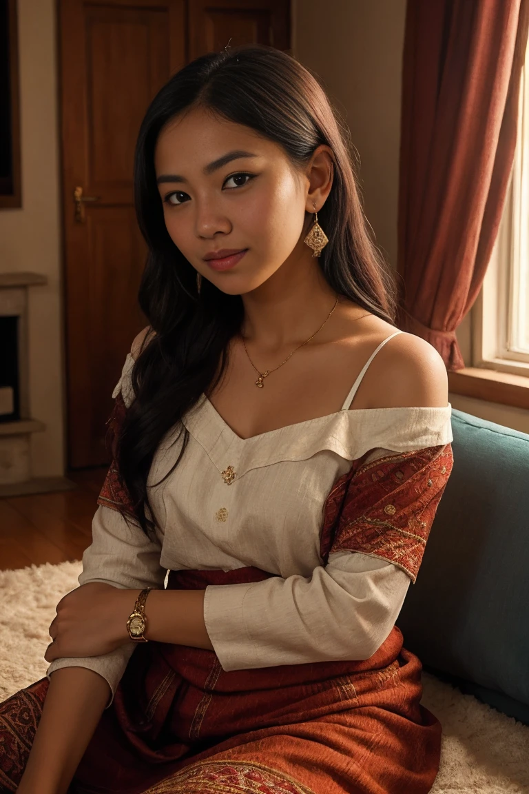 Create a close-up portrait in 4K resolution of a beautiful Timorese female. The photograph should have an amateur, candid feel as if it were posted on social media. She is dressed in a traditional or casual dress that reflects her culture. The setting is a cozy living room, with elements such as soft lighting, a couch, and possibly some cultural decor in the background. The photo should capture the warmth and authenticity of a spontaneous moment.