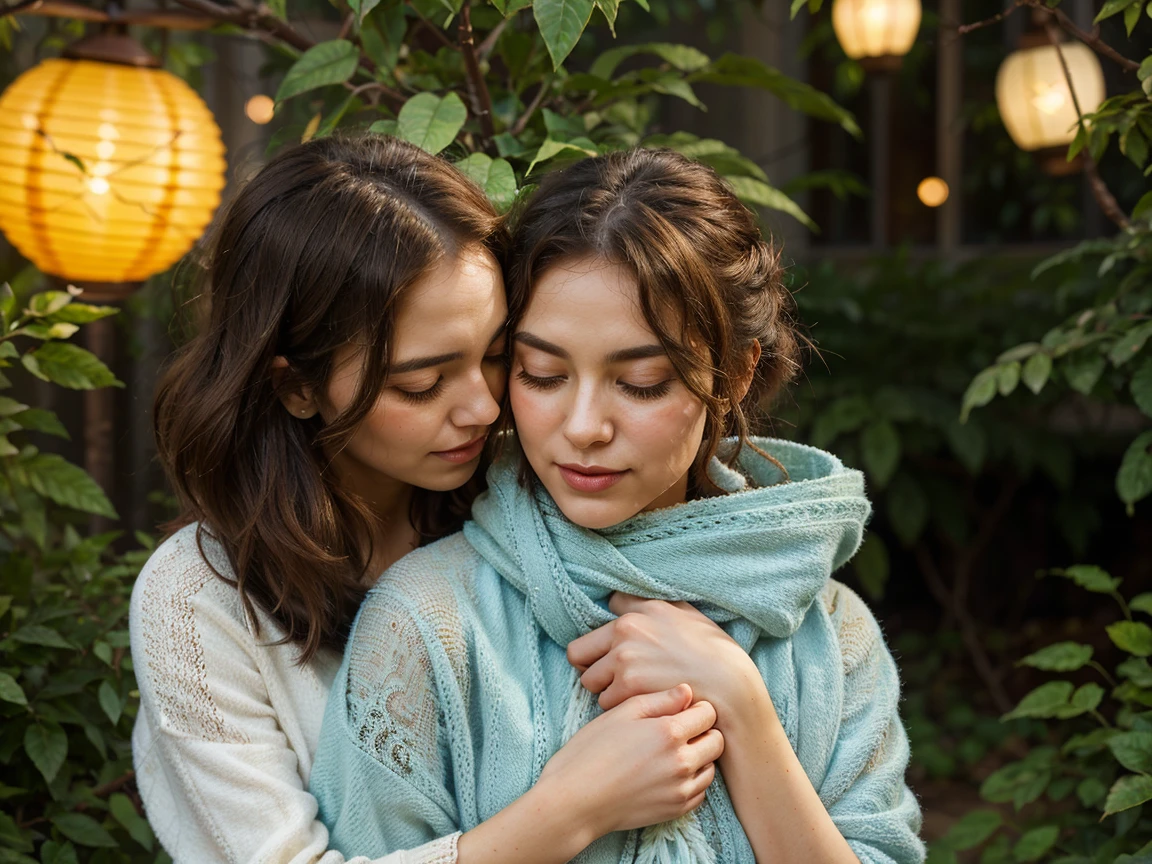 A couple embracing warmly, surrounded by subtle, glowing lanterns, medium of vibrant, dreamy digital art, detailed description of soft, feathery light dancing across their entwined faces, aesthetics of intimacy and tenderness, warm golden hues and deep blues, evoking a sense of comfort and security, with whispers of lush greenery in the background, hinting at growth and harmony, additional details of delicate, lace-like tendrils curling around the edges, symbolizing the gentle, possessive grip of love, as if the very environment itself is embracing the pair, affirming the beauty of a little healthy jealousy.