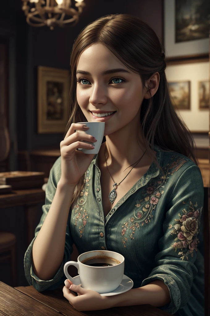 Photorealistie of an adorable lady drinking out of a coffee cup that says 'smile alway'. The scene is moody, grainy, and romantic, with a concept art style. The art is meaningful, visually striking, and detailed, resembling a detailed painting and digital illustration. Created with Unreal Engine 5, the artwork features 32k maximalist detail, hyperdetailed fantasy elements, 3D digital art, sharp focus, and fine art qualities. The overall composition is a masterpiece in concept