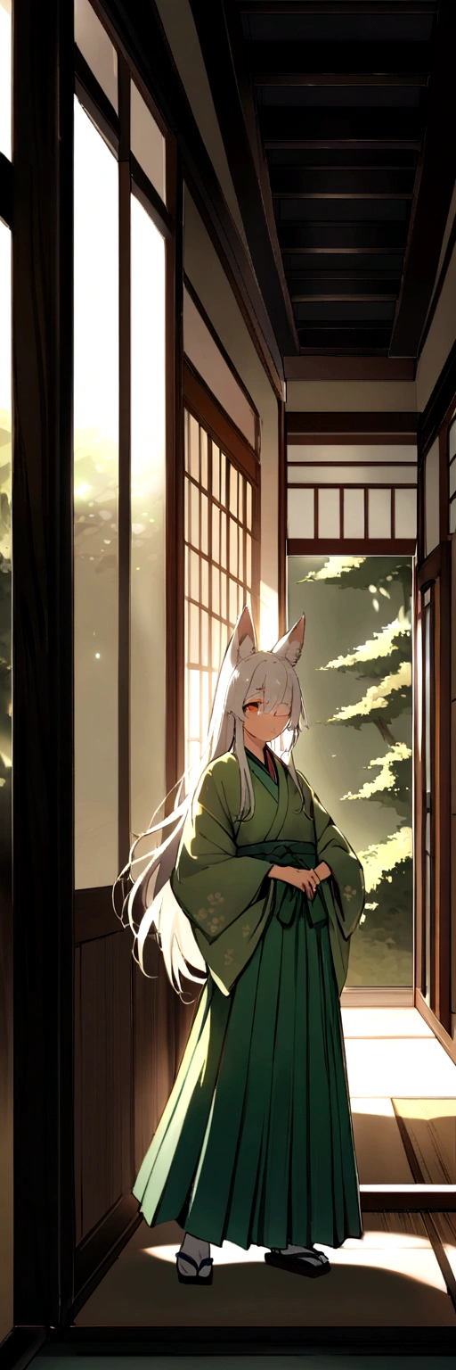 male、Fox、Animal Ears、Silver Hair、Long Hair、One knot、One-eyed、Japanese style、green、Hakama