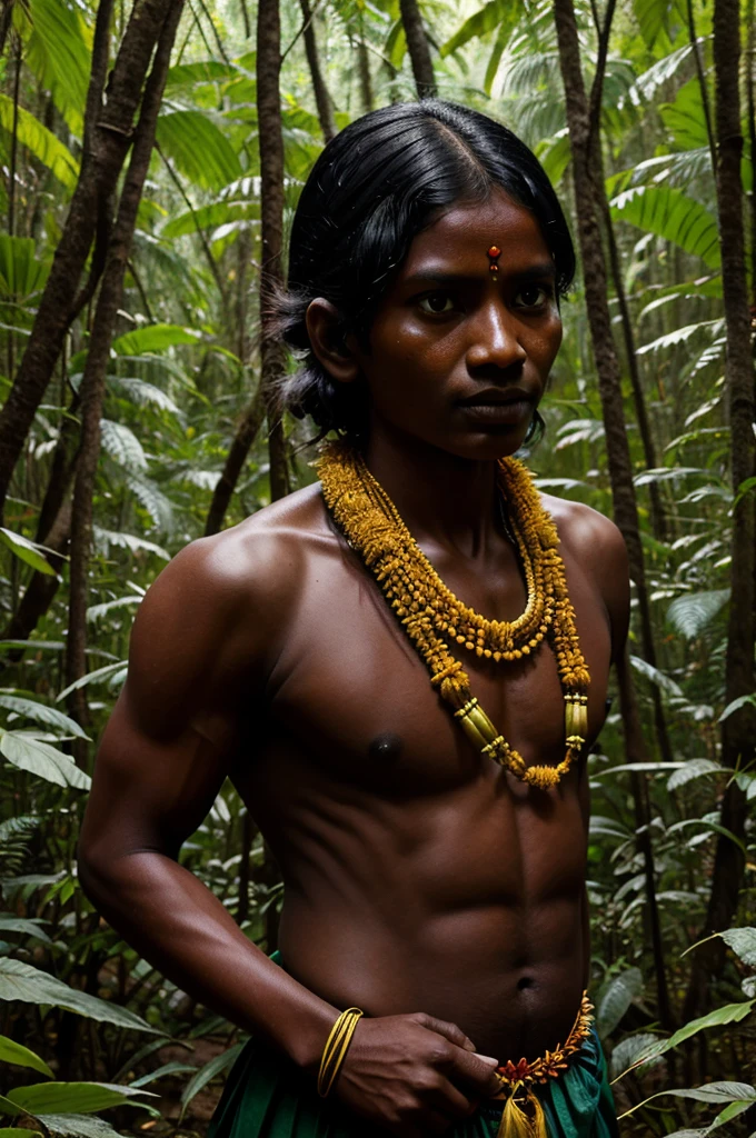 Image 1: Angulimala in the Forest
Angulimala is hiding in the dense forest, looking fierce and determined, with a garland of fingers around his neck.