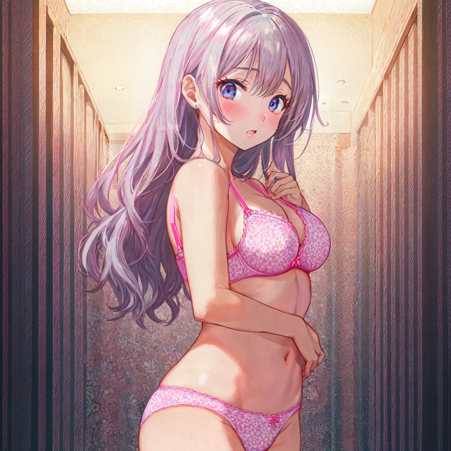 Changing clothes,blush,Photorealistic 1;4,{{inwardly curled grey hair}},From front,{{beautiful medium sized breasts 1:4}},high quality panties,High quality pink bra,Locker in the back,thicc,{{high school girl}},Highest quality,{{Beautiful ass}},pretty girl,brush,High-quality backgrounds,Slanted Eyes,Detailed shirt chest wrinkles,{{{high school girl}}},BREAK,{{beautiful blue eye1:4}},BREAK,Five fingers