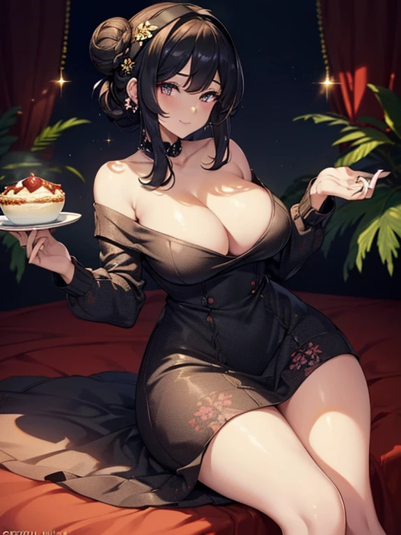 (((Masterpiece))),(((Super Detail))),(((in 8K))),(((best composition))),(((Rim lighting,Fireglow effect,deep shadow))),solo),Beautiful fingers,Detailed finger features,(Detailed hair features:1.7),(Dynamic and sexy bending pose:1.3),detailed facial features,detailed clothes features, (perky chest:1.1), (pointed chest:1.3), delicate beautiful face, Bright blue eyes, cute eyes, sparkling eyes, Big eyes, beautiful detailed eyes,double bun with glittering hair ornament:0.6,(super detailed glossy skin:1.3),slender body,goddess smile,((with sparkling eyes and a contagious smile)),beautiful posture,have a cup of coffee,black hair, red eyes, dress, bare shoulders, jewelry, collarbone, sidelocks, hairband, earrings, indoors, off shoulder, sweater, arms behind back, plant, short hair with long locks, white hairband, off-shoulder dress, sweater dress, off-shoulder sweater, red sweater, big side hair, very long side hair,(super delicate floral pattern:1.2),seductive cleavage:1.3,beautiful glossy legs,shiny red high heels,lifting dishes with cakesd,french restaurant,hustle and bustle,rising steam,(((depth of fields)))