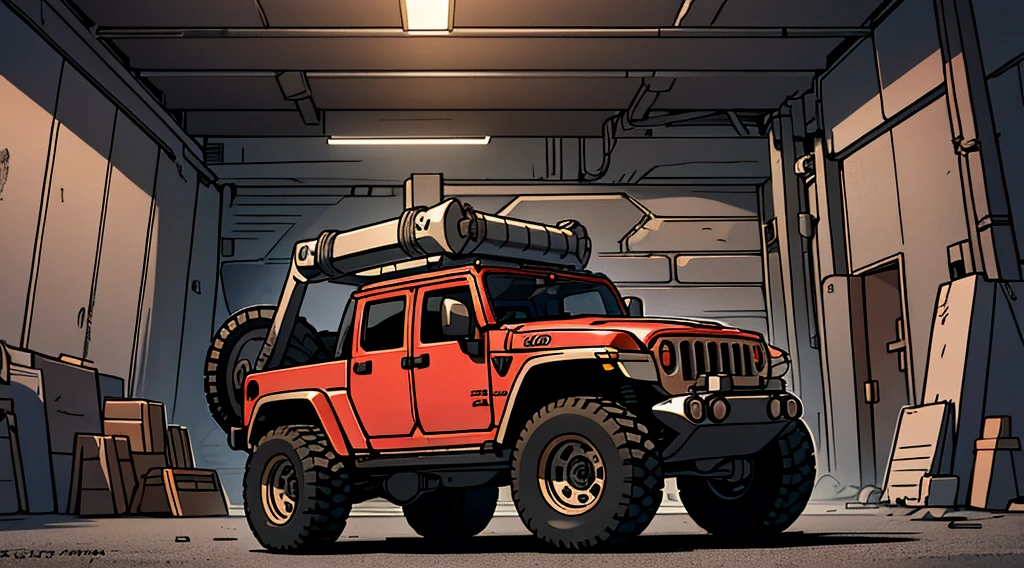 ((Best Quality)), ((masterpiece)), Highly detailed, 8K, heavily armored red 6x6 heavy pickup truck 1970 Jeep Gladiator, must have 6-wheels, bulky boxy form, red dirty matte paint, large square headlights, boxy angles, boxy 80s design, square headlights, (peterbilt influence:0.7), bright showroom, plain mesa background, cel-shaded, line art, bold black outlines, comic style, inkpunk, bright photoshoot lighting, ((isometric symmetry:1.2))
