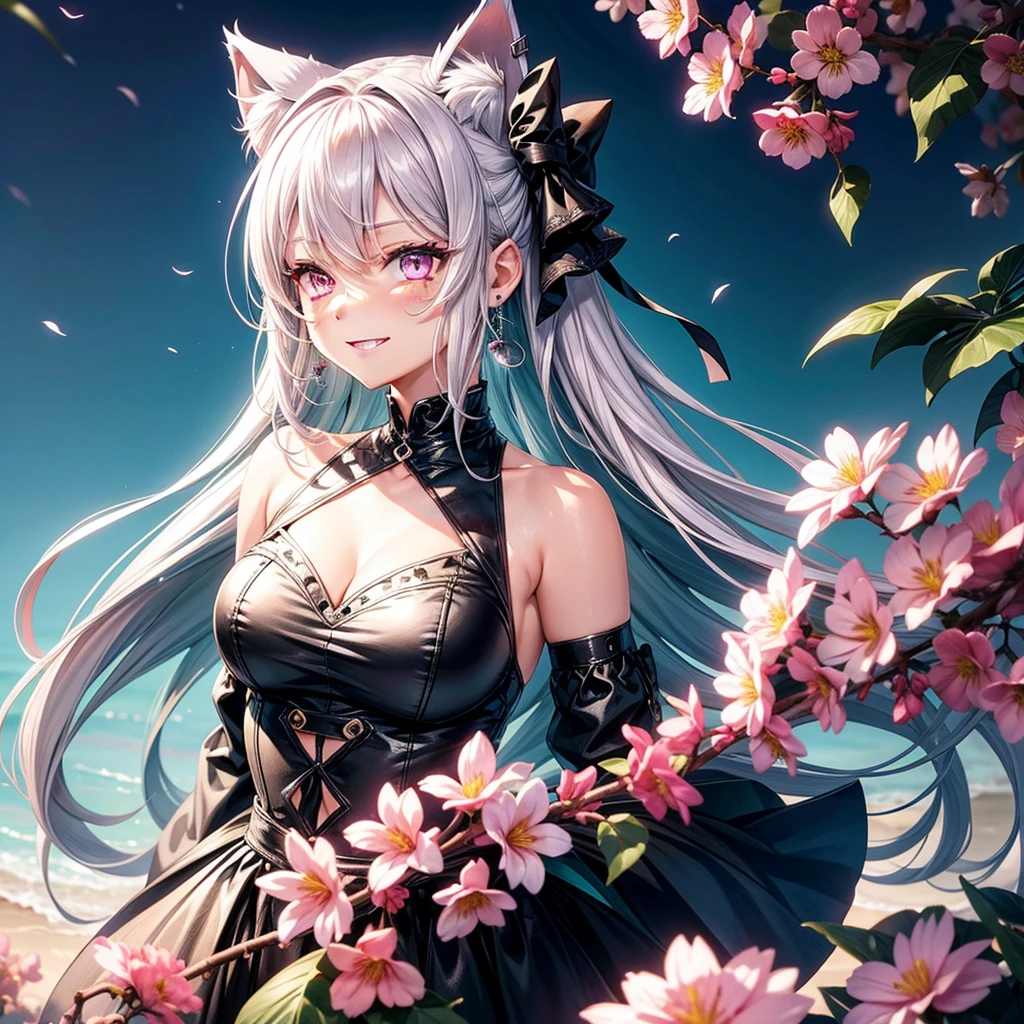 Silver hair, pink eyes, body, cat ears, sexy girl, earrings, flower sky background, green uniform, hair bows, happy face