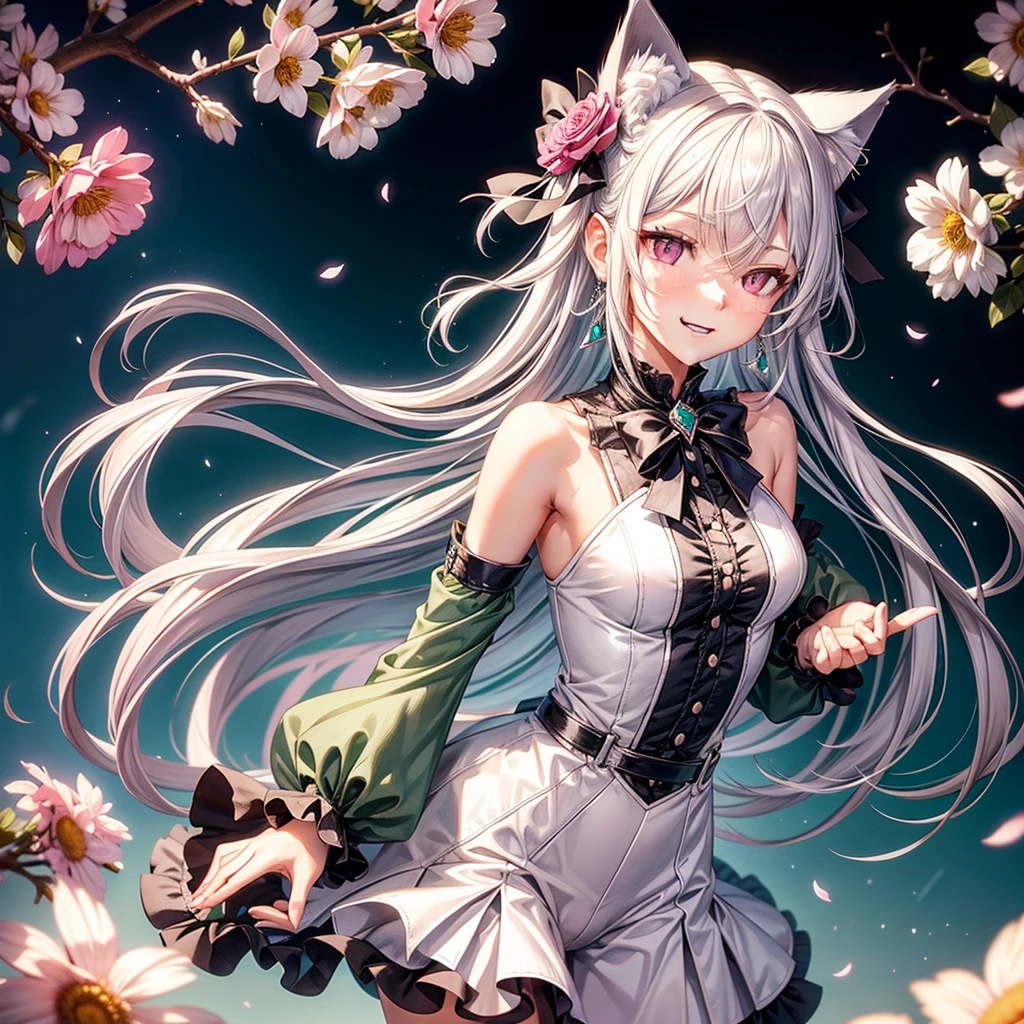 Silver hair, pink eyes, body, cat ears, sexy girl, earrings, flower sky background, green uniform, hair bows, happy face
