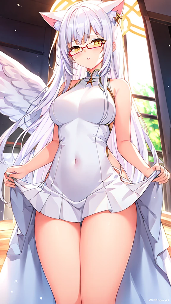 An 18 year old female angel with long, white hair, yellow eyes, white cat ears, and large white angel wings. yellow halo ring round white glasses (White evening dress, sexy long skirt) hand touching lips, standing