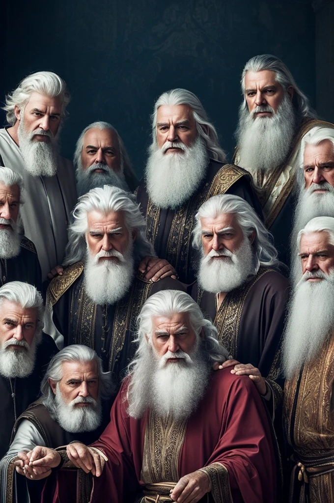 ((best quality)), ((masterpiece)), (detailed), perfect A group of 4 kings gather The 1 king is older with long silvery white hair and a long white beard.
Serious and concentrated face.
Holding a flail.