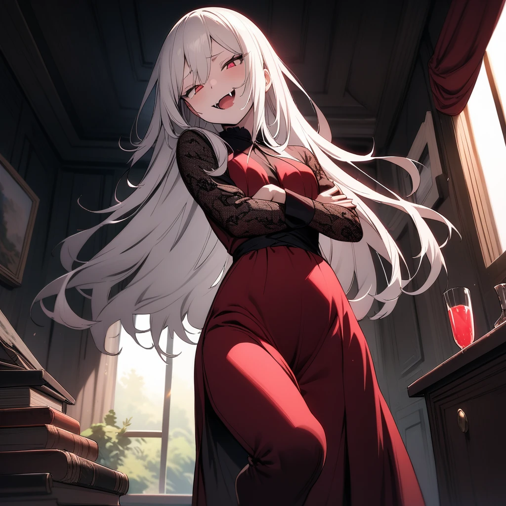 (masterpiece),(best quality),very aesthetic,(ultra-detailed),(illustration),(degenerate),very aesthetic,1girl,,slender,long hair,white hair,straight hair,disheveled hair,red alluring eyes,sleepy,half closed eyes,condescending look,open mouth,smirk,fangs,An elegant and sophisticated outfit perfect for a party, featuring a dark red long dress with lace accents sleeves,ecstasy,happy,inroom,standing,standing on one leg,head tilt,crossed arms,daytime,Lascivious atmosphere,fantastic atmosphere,Sunlight shining through the window,forest landscape,curtains flutter in the wind,Toxic green colored lace thong,Old furnishings,dusty room,cowboy shot,looking at viewer, vampire, strawberry juice glass, dark fantasy, bat,bat's wings,from below