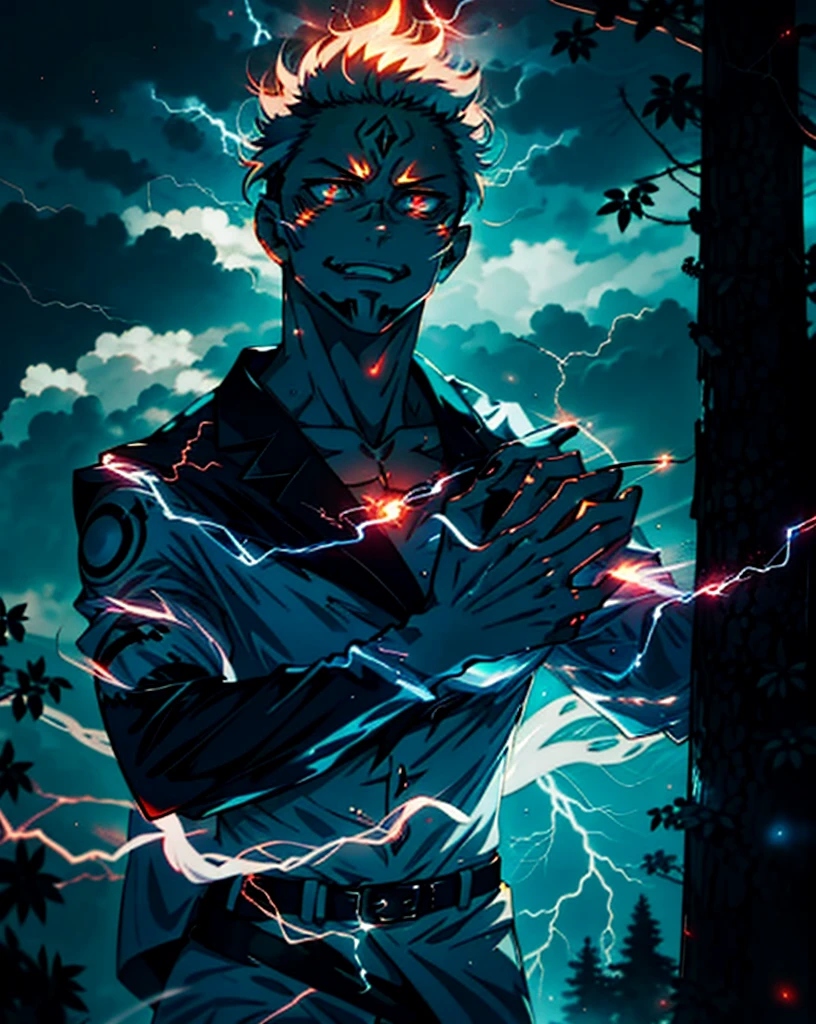 Close up of a man with lightning on a blue and gold background,Glowing black halo,Aura of evil,8K anime,An epic anime with lightning power,Epic anime style,Menacing aura,Aura of darkness,Evolved into his final form,Glowing aura of power,Cosmic forces shine and prosper,Many lightning bolts surround the characters