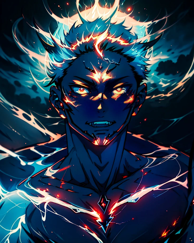 Close up of a man with lightning on a blue and gold background，Glowing black halo，Aura of evil，8K anime，An epic anime with lightning power，Epic anime style，Menacing aura，Aura of darkness，Evolved into his final form，Glowing aura of power，Cosmic forces shine and prosper，Many lightning bolts surround the characters