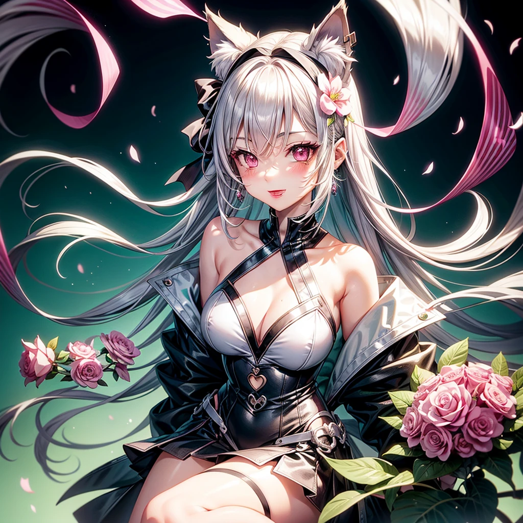 Silver hair, pink eyes, body, cat ears, sexy girl, earrings, flower background, green uniform, hair bows, happy face, thigh up