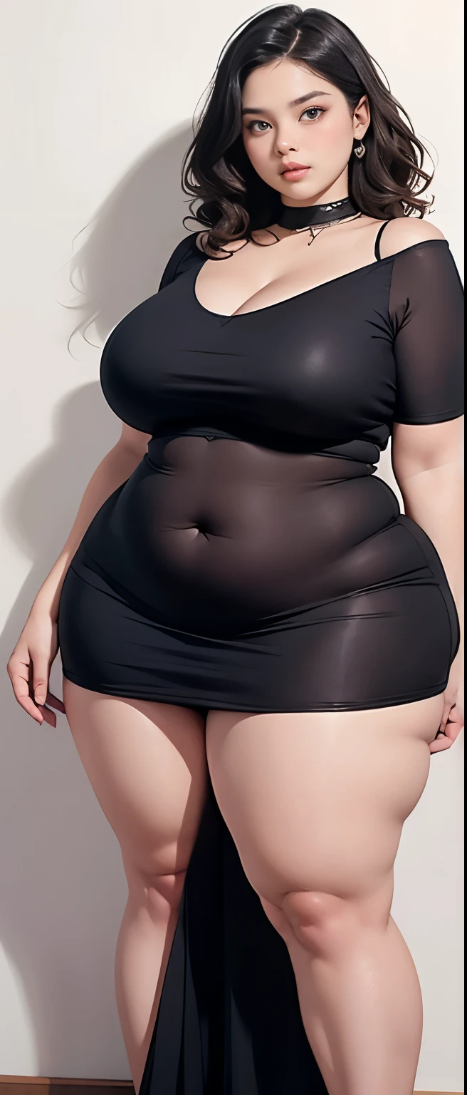 il y a une femme en chemise blanche et culotte noire qui pose, she has a round and big belly, thick, bbwchan, her belly is big and round, sultry body with sexy belly, attractive plus size model, her navel is exposed, hyperrealistic complete figure, corps thick, large stomach, curved model