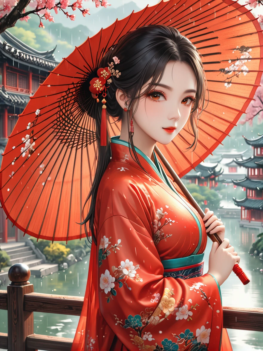 (Best quality，8K，high resolution，masterpiece:1.2)，Ultra Detail，(Girl holding an oil-paper umbrella:1.3)，(Oil-paper umbrella:1.5)，(Girls Focus)，(Close shot)，(beauty细致的眼睛，beauty细致的嘴唇，Extremely detailed eyes and face，Long eyelashes)，Stand on a small bridge，Running Water，Ancient Town，Jiangnan Scenery，antique，Spring rain，light rain，beauty，Traditional Chinese Hanfu，Chinese Architecture，illustration，The image is bright，rich and colorful，Fine details