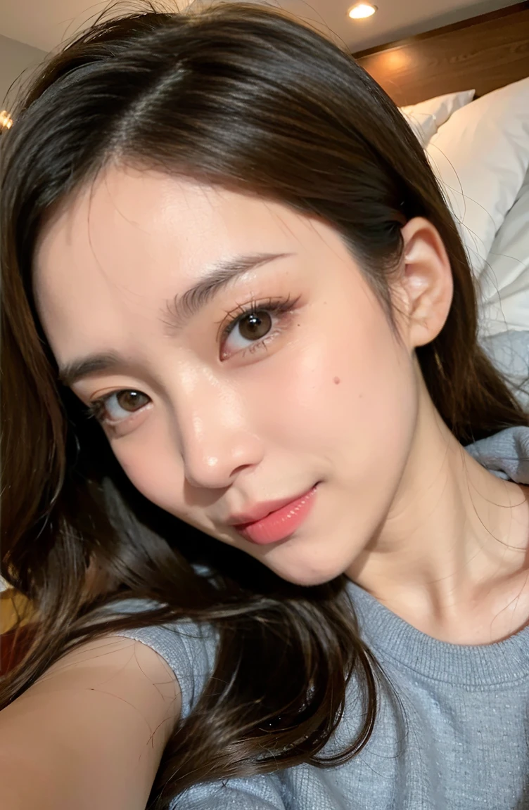 Adam ((Highest quality)), ((masterpiece)), (detailed), Perfect Face, hyperdetailed face、A detailed eye、Double eyelids Concrete pouring Korean Style Wavy Hair a smile, elegant, Grey surreal eyes, detailed, Narrowing eyes, Unwind at home, in pajama Grey surreal eyes, detailed, Ultra-Realistic Skin, Increased pores and moles, Selfie on bed, Grey surreal eyes, detailed, Ultra-Realistic Skin, Increased pores and moles, Lying in bed with a kitten
