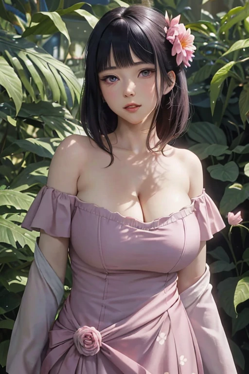 masterpiece, absurd, Hinata\(Boruto Naruto Next Generations\), 1 Girl, Solitary,Mature female, Off-shoulder floral dress, Looking at the audience, (Falling Flowers), Perfect composition, detailed lips, Large Breasts(((Full and soft breasts,)))(((Huge breasts))) (((Cleavage))), Pretty Face, Body Proportions, blush, (Pink lips), Long hair,  Purple Eyes,  Gentle eyes,  Surreal, detailed, photo shoot, Realistic face and body, Sexual Expression, Expression,