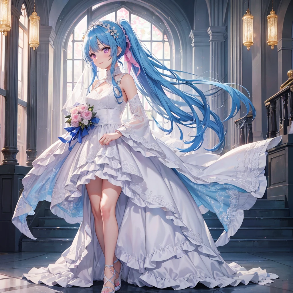 sky Blue hair, (braided ponytail),(pink eyes),fair skin ,(full body),(1 girl),bride,soro,smile,Straight Bangs, June Bride,Wedding dress,(masterpiece, best quality, ultra-detailed, best shadow), (detailed background), (beautiful detailed face), high contrast, (best illumination, an extremely delicate and beautiful), ((cinematic light)), colorful, hyper detail, dramatic light, intricate details,Wedding hall,