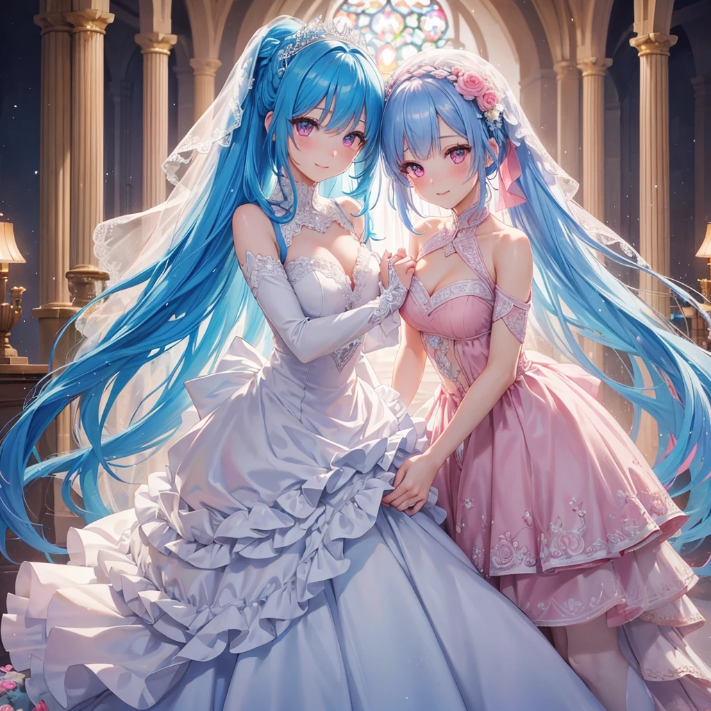 sky Blue hair, (braided ponytail),(pink eyes),fair skin ,(full body),(1 girl),bride,soro,smile,Straight Bangs, June Bride,Wedding dress,(masterpiece, best quality, ultra-detailed, best shadow), (detailed background), (beautiful detailed face), high contrast, (best illumination, an extremely delicate and beautiful), ((cinematic light)), colorful, hyper detail, dramatic light, intricate details,Wedding hall,
