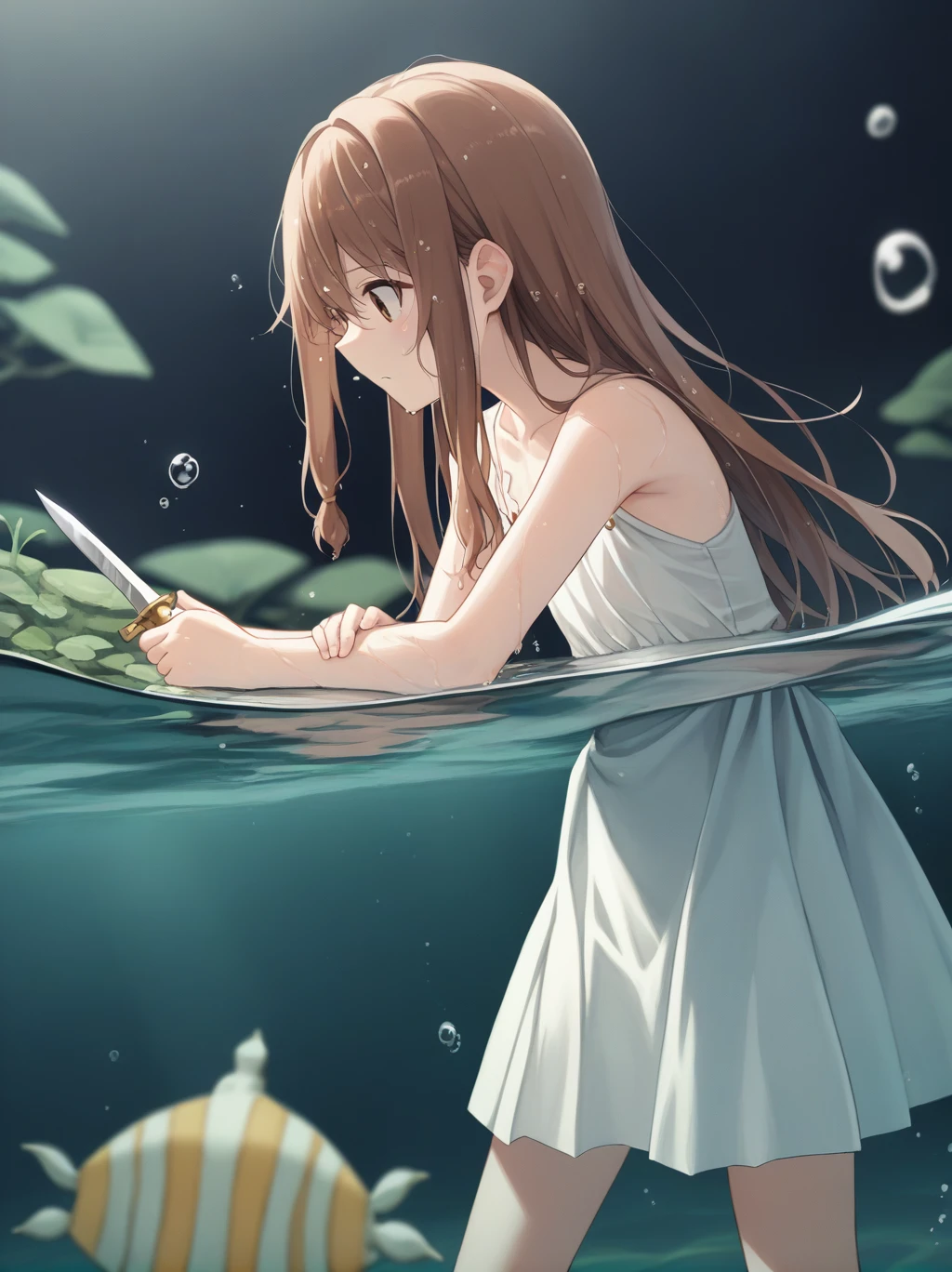 score_9, score_8_superior, score_7_superior, score_6_superior, sauce_anime, Partially underwater, 
One girl, Long Hair, Brown Hair, Wet Hair,
White Dress, Swamp,
Dark Background, Blurred Edges,8-year-old、Adventurer、Flat Chest、Pitch-dark underground labyrinth、No light、skirt、Equipped with a dagger and a shield、水面よりsuperiorの顔、Body in water, Underwater Photography、浮力でskirt捲れる