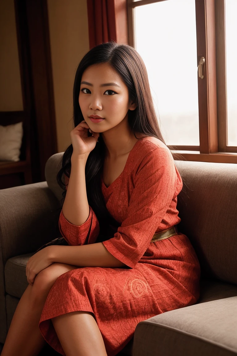 Create a close-up portrait in 4K resolution of a beautiful Indonesian female. The photograph should have an amateur, candid feel as if it were posted on social media. She is dressed in a traditional or casual dress that reflects her culture. The setting is a cozy living room, with elements such as soft lighting, a couch, and possibly some cultural decor in the background. The photo should capture the warmth and authenticity of a spontaneous moment.