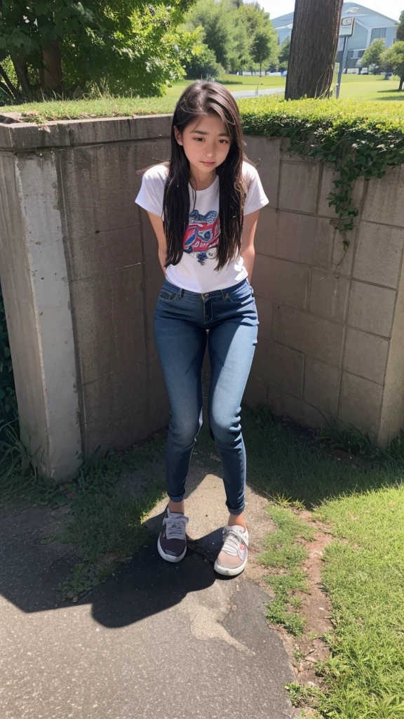 a fifteen-year-old girl wet herself (camera show us a puddle between her legs and wet pants) (wet crotch pants) (pee pants stream)