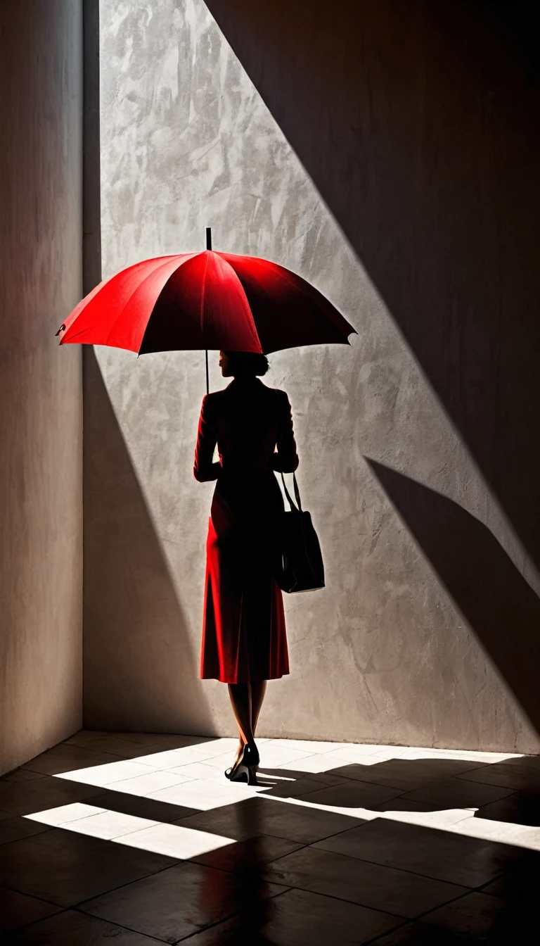 a figure,red umbrella,simple geometric abstract,cubism,minimalist,chiaroscuro lighting,dramatic shadows,surreal,high contrast,moody,striking composition