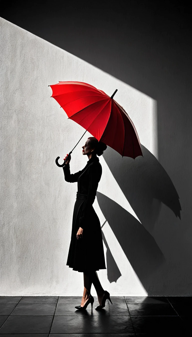 a figure,red umbrella,simple geometric abstract,cubism,minimalist,chiaroscuro lighting,dramatic shadows,surreal,high contrast,moody,striking composition