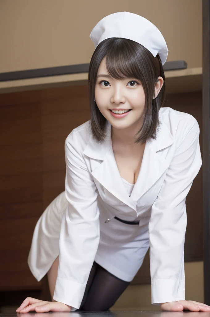 (from below:1.5)、(Nurse Uniform、White nurse wear、Micro Mini Skirt、Nurse cap、Ass、Black Hair、Big Ass、Health Room)、Extremely sexy、smile、Professional Lighting、Small waist、Beautiful adult woman、Captivating thighs、Very large breasts、Cleavage、