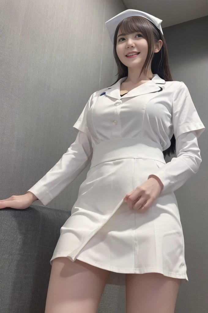 (from below:1.5)、(Nurse Uniform、White nurse wear、Micro Mini Skirt、Nurse cap、Ass、Black Hair、Big Ass、Health Room)、Extremely sexy、smile、Professional Lighting、Small waist、Beautiful adult woman、Captivating thighs、Very large breasts、Cleavage、