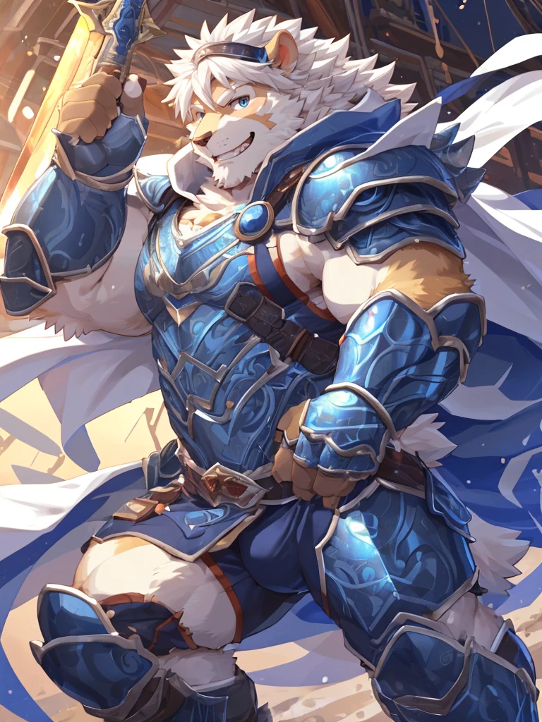 anthro, kemono, male, solo, ((oval face, very handsome face, thick beard)), ((endomorph body type, old-aged)), (high quality, highres, masterpiece), (dynamic lighting, vivid color), (generous smile), cartoon, (((a furry sheep))), (((white fur))), (((shoulder long silky white hair))), (((handsome, slim fit, small face, ikemen))), paladin, (((white sheep))), ((dark blue golden armor with white cape)), full body, tall, (((white smooth hair))), sword and shield, mature, dad, full armor, by zixiong, by takemoto arashi, by zixiong, (by null-ghost:0.8), (by t.y.stars:0.4)
