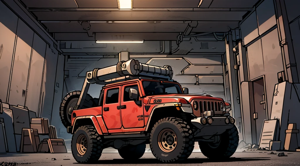 ((Best Quality)), ((masterpiece)), Highly detailed, 8K, heavily armored red 6x6 heavy pickup truck 1970 Jeep Gladiator, must have 6-wheels, bulky boxy form, red dirty matte paint, large square headlights, boxy angles, boxy 80s design, square headlights, (peterbilt influence:0.7), bright showroom, plain mesa background, cel-shaded, line art, bold black outlines, comic style, inkpunk, bright photoshoot lighting, ((isometric symmetry:1.2))