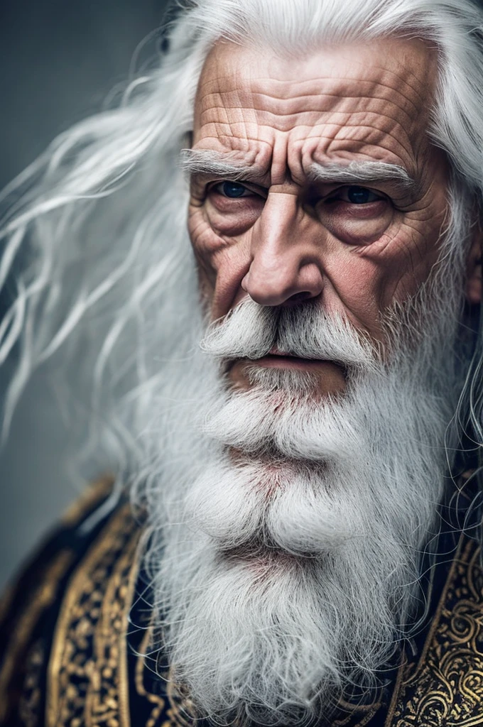 ((best quality)), ((masterpiece)), (detailed), perfect A king is older with long silvery white hair and a long white beard.
Serious and concentrated face.

Holding a flail.
