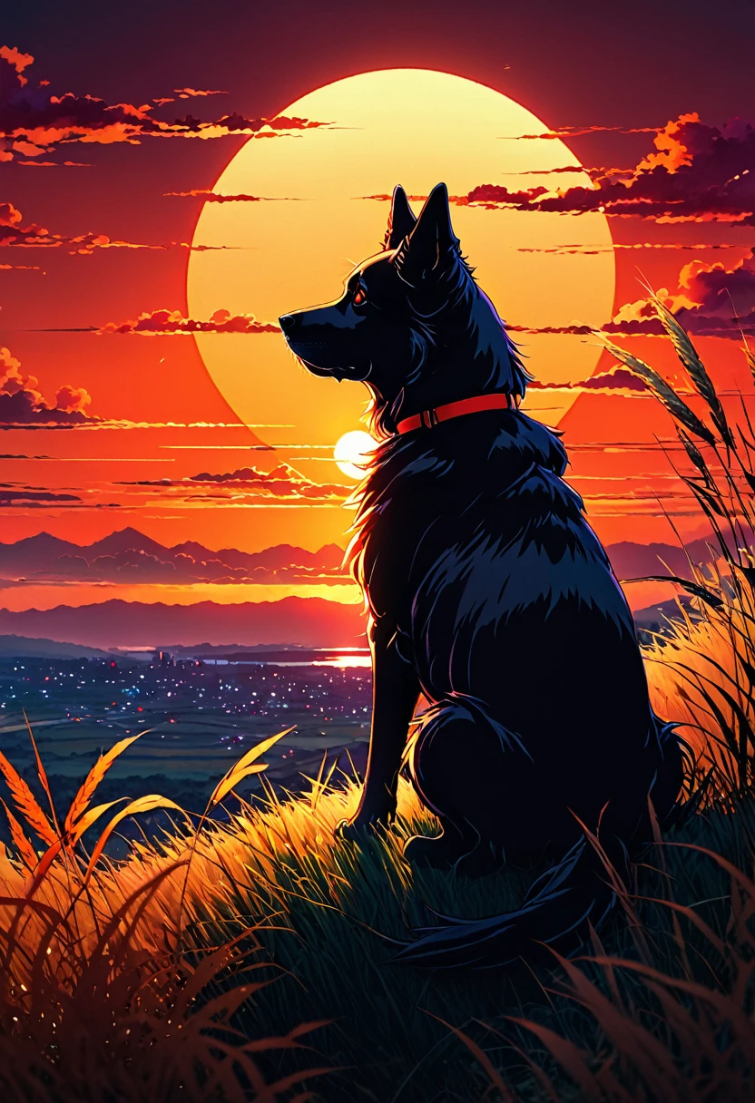anime landscape of a dog sitting on a hill with tall grasses watching a hellish orange and red sunset, serene sky anime nature wallpapers, beautiful anime scene, beautiful anime peace scene, Makoto Shinkai Cyril Rolando, beautiful anime scene, amazing wallpaper, anime art wallpaper 8k, anime background, artistic anime background, anime wallpaper 4k, anime art 4k wallpaper, anime wallpaper art 4k,