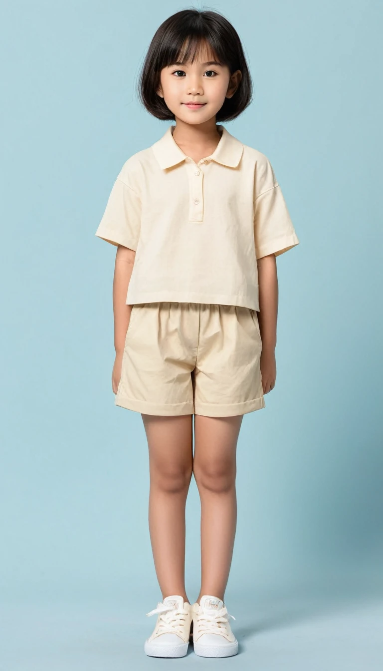 make a girl with a height of 78 cm, short cropped hair, wearing cream colored casual clothes, full body, Indonesian children, portrait view
