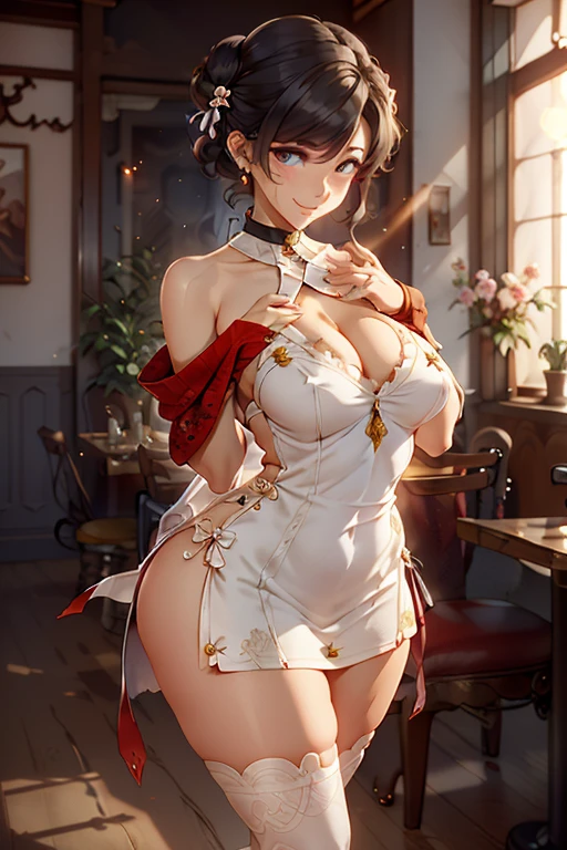 (((Masterpiece))),(((Super Detail))),(((in 8K))),(((best composition))),(((Rim lighting,Fireglow effect,deep shadow))),solo),Beautiful fingers,Detailed finger features,(Detailed hair features:1.7),(Dynamic and y bending pose:1.3),detailed facial features,detailed clothes features, (perky chest:1.1), (pointed chest:1.3), delicate beautiful face, Bright blue eyes, cute eyes, sparkling eyes, Big eyes, beautiful detailed eyes,double bun with glittering hair ornament:0.6,(super detailed glossy skin:1.3),slender body,goddess smile,((with sparkling eyes and a contagious smile)),beautiful posture,have a cup of coffee,black hair, red eyes, dress, bare shoulders, jewelry, collarbone, sidelocks, hairband, earrings, indoors, off shoulder, sweater, arms behind back, plant, short hair with long locks, white hairband, off-shoulder dress, sweater dress, off-shoulder sweater, red sweater, big side hair, very long side hair,(super delicate floral pattern:1.2),seductive cle3,beautiful glossy legs,shiny red high heels,lifting dishes with cakesd,french restaurant,hustle and bustle,rising steam,(((depth of fields)))