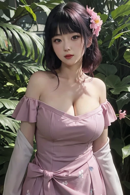 masterpiece, absurd, Hinata\(Boruto Naruto Next Generations\), 1 Girl, Solitary,Mature female, Off-shoulder floral dress, Looking at the audience, (Falling Flowers), Perfect composition, detailed lips, Large Breasts(((Full and soft breasts,)))(((Huge breasts))) (((Cleavage))), Pretty Face, Body Proportions, blush, (Pink lips), Long hair, Purple Eyes, Gentle eyes, Surreal, detailed, photo shoot, Realistic face and body, Sexual Expression, Expression,