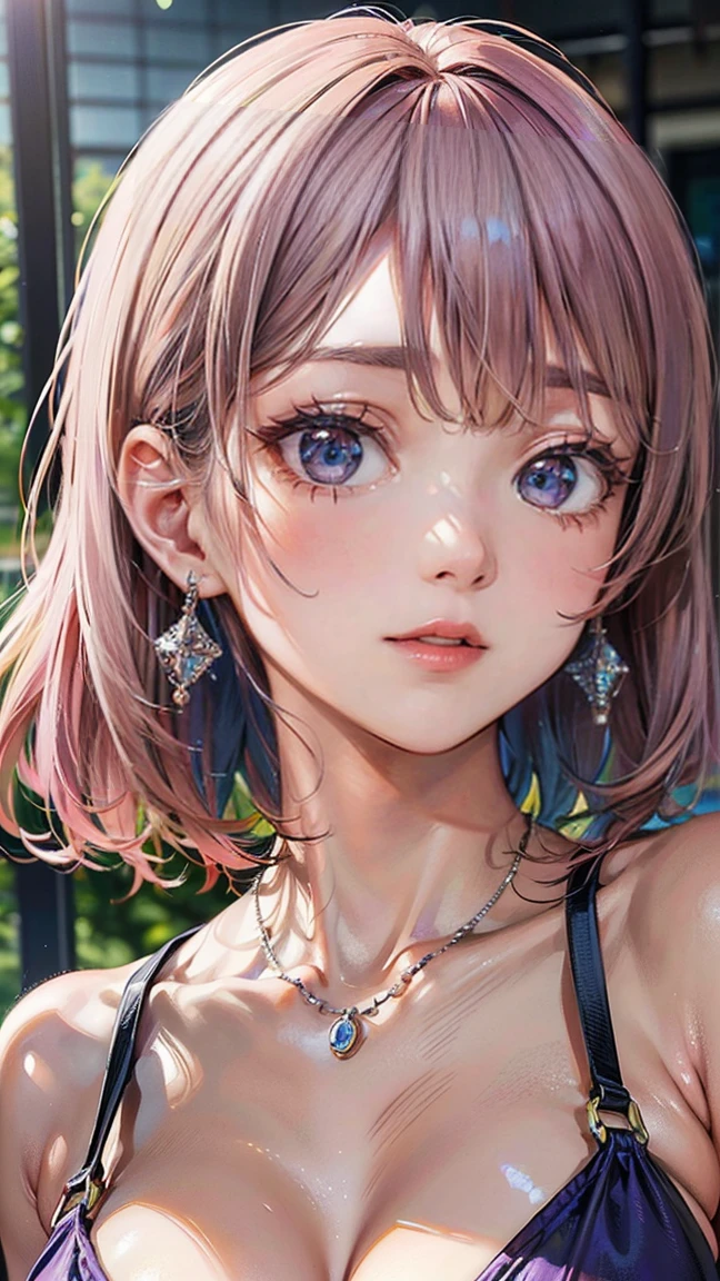 (Masterpiece, BestQuality:1.3), (ultra detailed:1.2), (hyperrealistic:1.3), (RAW photo:1.2), High detail RAW color photo, professional photograph, (Photorealistic:1.4), (realistic:1.4), professional lighting, perfect anatomy, (Big Breasts:1.2), (blush, detailed face), (A happy smile:1.7), Trending Hair&Trending Hairカラーをランダムに, earrings, necklace, bracelet, sexly, erotic sexly, Random sexy gravure poses, (A woman in a purple bikini、プールサイドで本を読みながらA happy smileでセクシーなグラビアポーズをとっている。Her pink bob hair is distinctive.。:1.3)