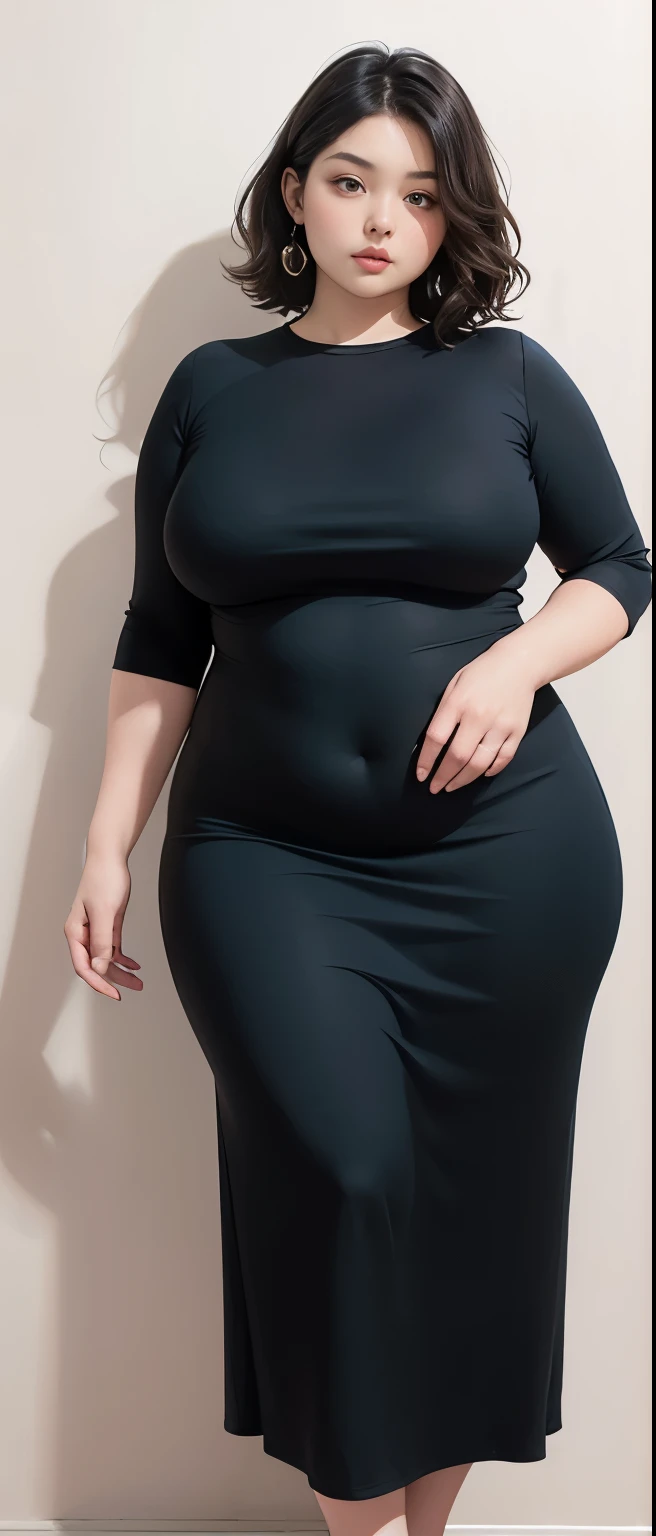 Chubby woman with chubby belly and tight thighs, full body, 50-year-old mature woman, thick hips, thick neck, thick chest, big eyes, wearing a longest dress, wavy medium short hair, Height 170 cm , full body