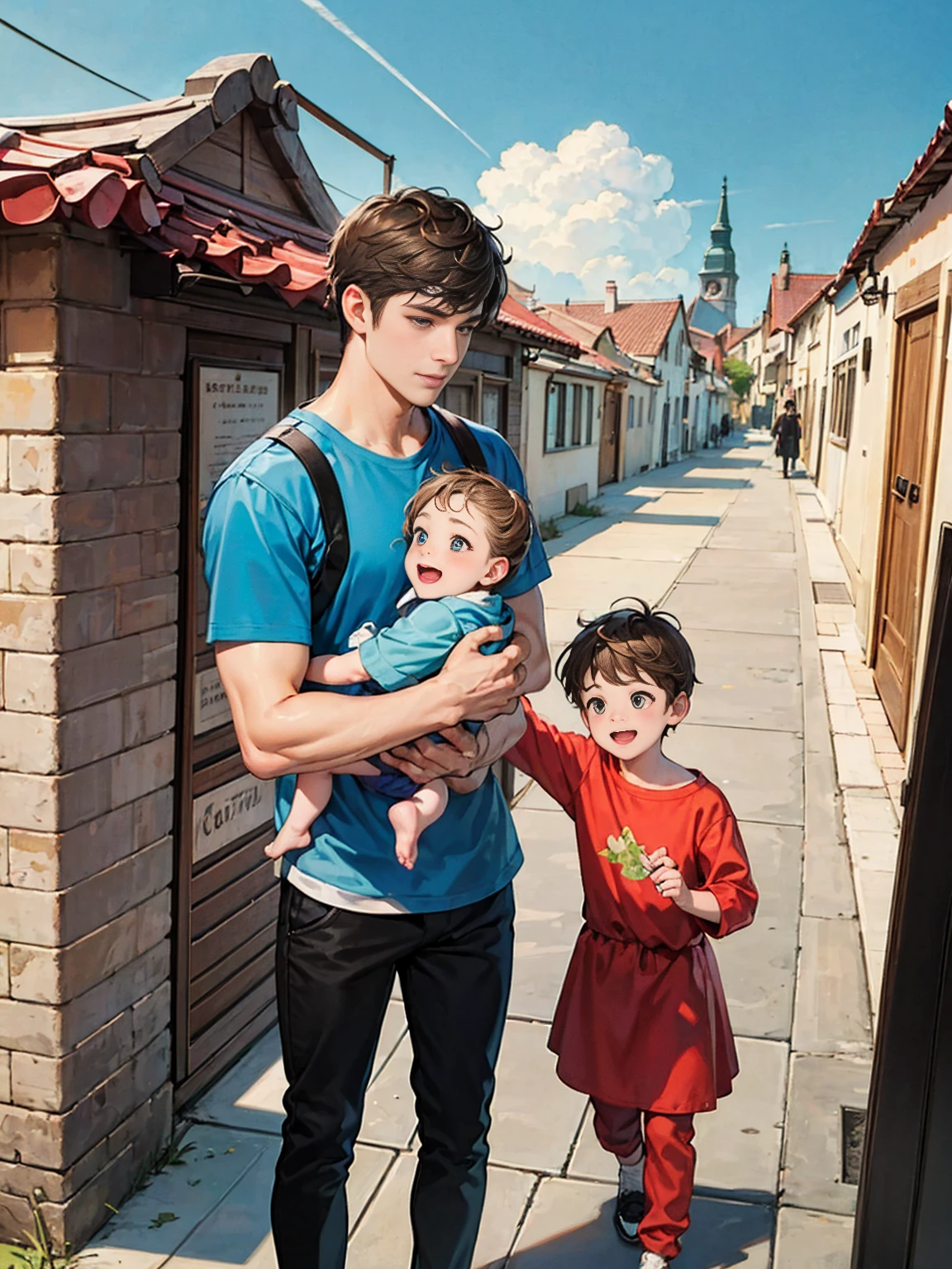 (((masterpiece))), ((Highest quality)), ((Super detailed)), (CG illustration), Happy parent-child scene。The resurrected form of Emperor Constantine and the twins Crispus and Fausta.、Father and son landscape。「Pula, Croatia、Under the clear blue sky、A summer evening where a stylish modern mansion shines。As the bright sunlight envelopes the sea and the mansion、A young father in his 30s hugs his twin sons tightly and warmly on his way home from work。The father's face was filled with deep love and forgiveness.、I can see the look of relief on his face, having overcome his past mistakes.。The children have innocent, naive smiles、He buried his face in his father's shoulder and looked relieved.。Light and shadow gently intersect、A scene that creates a warm and moving atmosphere overall.。」Love。Love, forgiveness, healing and purification。Detailed and delicate。lyrical。Heartful