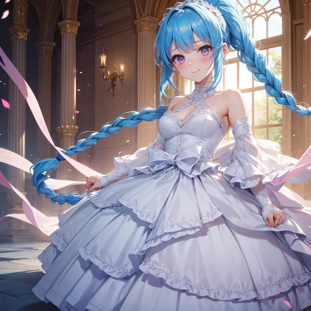 sky Blue hair, (braided ponytail),(pink eyes),fair skin ,(full body),(1 girl),bride,soro,smile,Straight Bangs, June Bride,Wedding dress,(masterpiece, best quality, ultra-detailed, best shadow), (detailed background), (beautiful detailed face), high contrast, (best illumination, an extremely delicate and beautiful), ((cinematic light)), colorful, hyper detail, dramatic light, intricate details,Wedding hall,