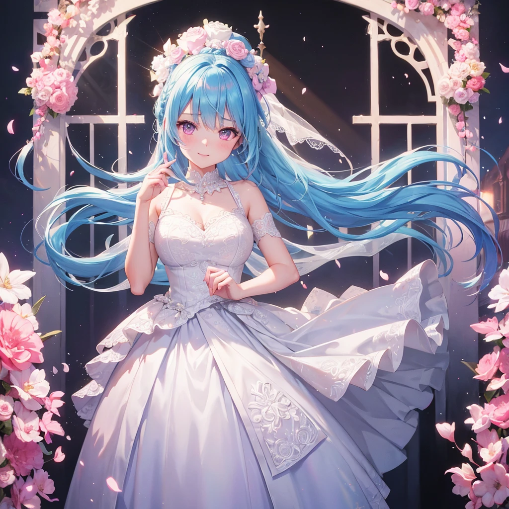 sky Blue hair, (braided ponytail),(pink eyes),fair skin ,(full body),(1 girl),bride,soro,smile,Straight Bangs, June Bride,Wedding dress,(masterpiece, best quality, ultra-detailed, best shadow), (detailed background), (beautiful detailed face), high contrast, (best illumination, an extremely delicate and beautiful), ((cinematic light)), colorful, hyper detail, dramatic light, intricate details,Wedding hall,