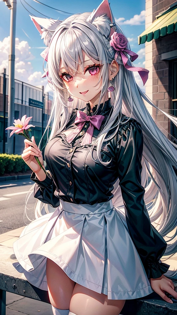 Silver hair, pink eyes, body, cat ears, sexy girl, earrings, flower sky background, green uniform, hair bows, happy face