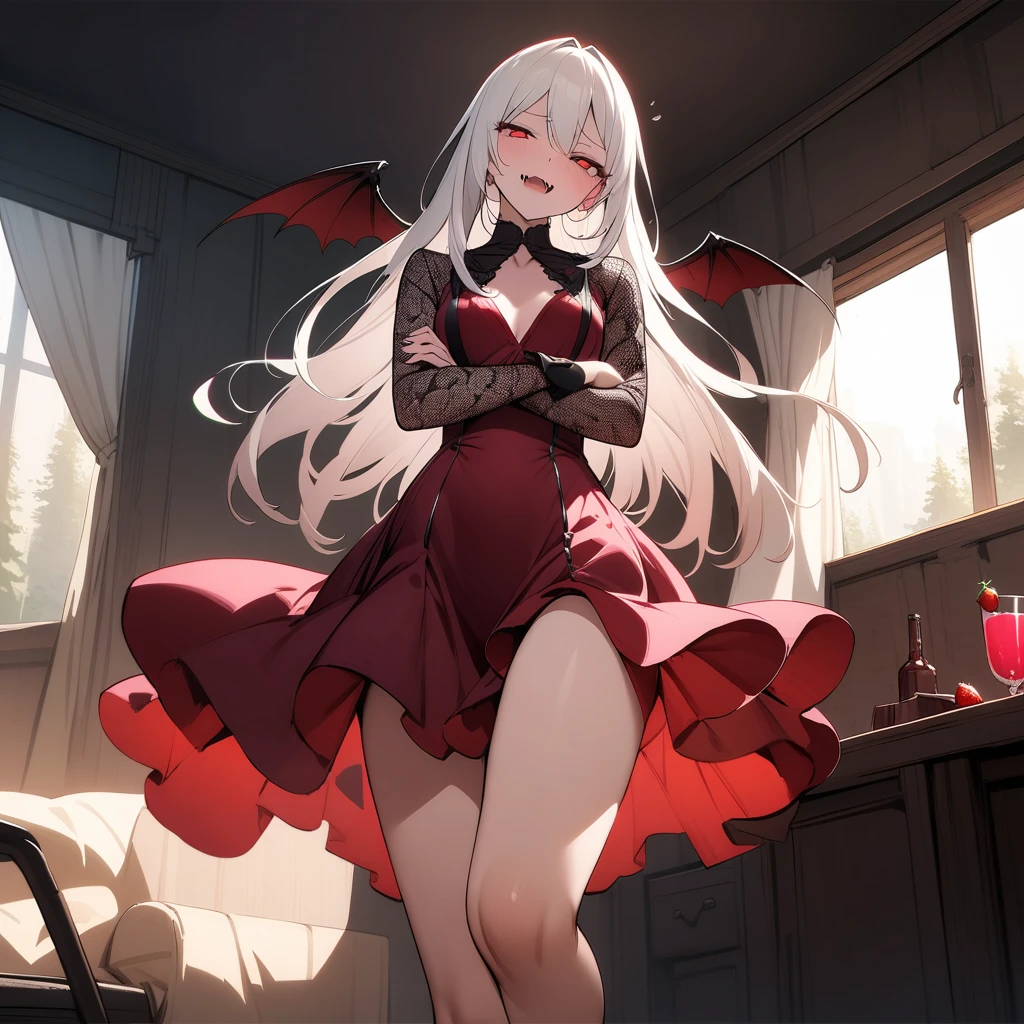 (masterpiece),(best quality),very aesthetic,(ultra-detailed),(illustration),(degenerate),nsfw,1girl,,slender,long hair,white hair,straight hair,disheveled hair,red alluring eyes,sleepy,half closed eyes,condescending look,open mouth,smirk,fangs,An elegant and sophisticated outfit perfect for a party, featuring a dark red long dress with lace accents sleeves,ecstasy,happy,inroom,standing,standing on one leg,head tilt,crossed arms,daytime,Lascivious atmosphere,fantastic atmosphere,Sunlight shining through the window,forest landscape,curtains flutter in the wind,Toxic green colored lace thong,Old furnishings,dusty room,cowboy shot,looking at viewer, vampire, strawberry juice glass, dark fantasy, bat,bat's wings,from below