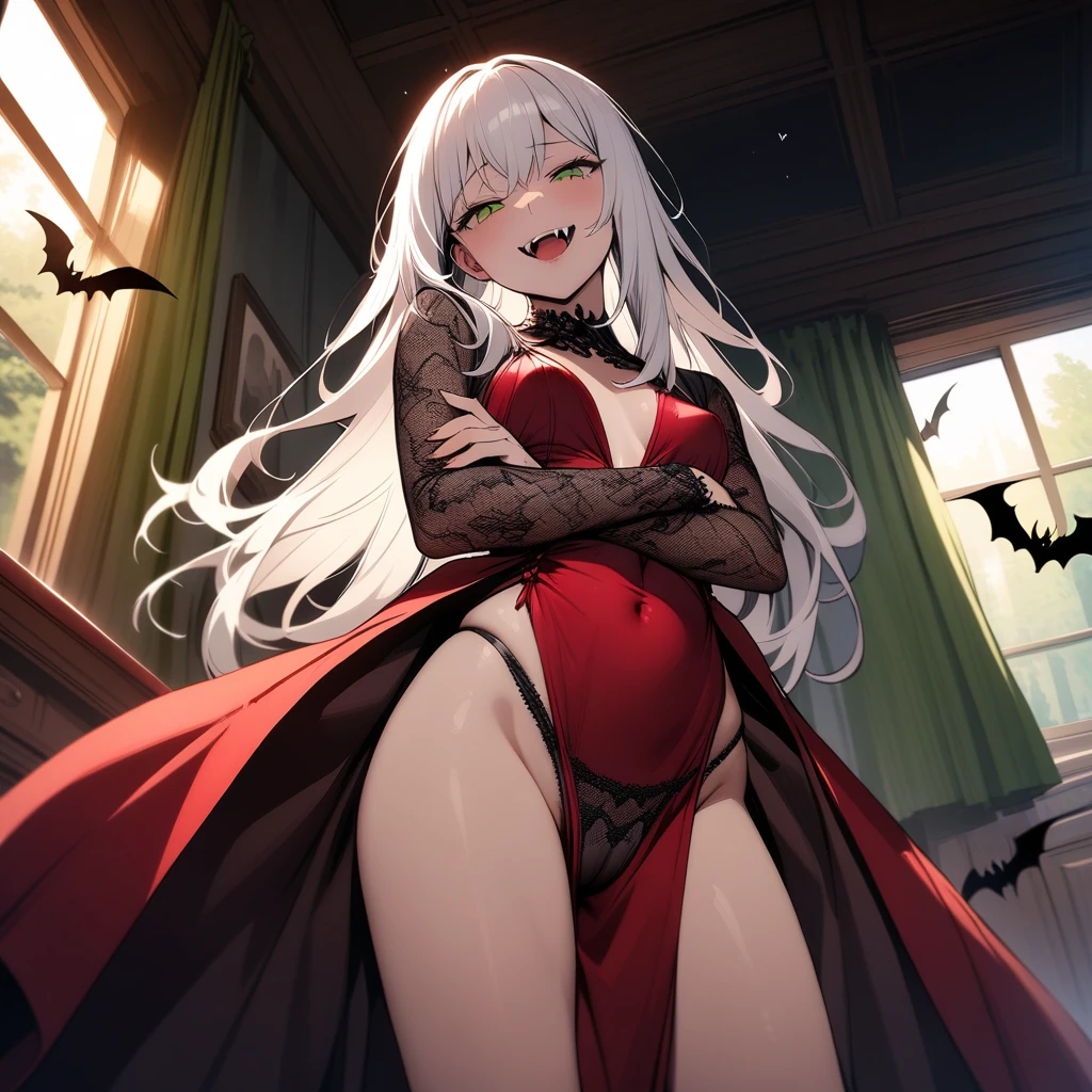 (masterpiece),(best quality),very aesthetic,(ultra-detailed),(illustration),(degenerate),nsfw,1girl,,slender,long hair,white hair,straight hair,disheveled hair,red alluring eyes,sleepy,half closed eyes,condescending look,open mouth,smirk,fangs,An elegant and sophisticated outfit perfect for a party, featuring a dark red long dress with lace accents sleeves,ecstasy,happy,inroom,standing,standing on one leg,head tilt,crossed arms,daytime,Lascivious atmosphere,fantastic atmosphere,Sunlight shining through the window,forest landscape,curtains flutter in the wind,Toxic green colored lace thong,Old furnishings,dusty room,cowboy shot,looking at viewer, vampire, strawberry juice glass, dark fantasy, bat,bat's wings,from below