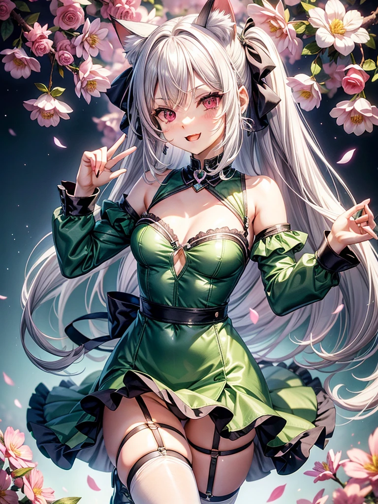 Silver hair, pink eyes, body, cat ears, sexy girl, earrings, flower background, green uniform, hair bows, happy face, thigh up