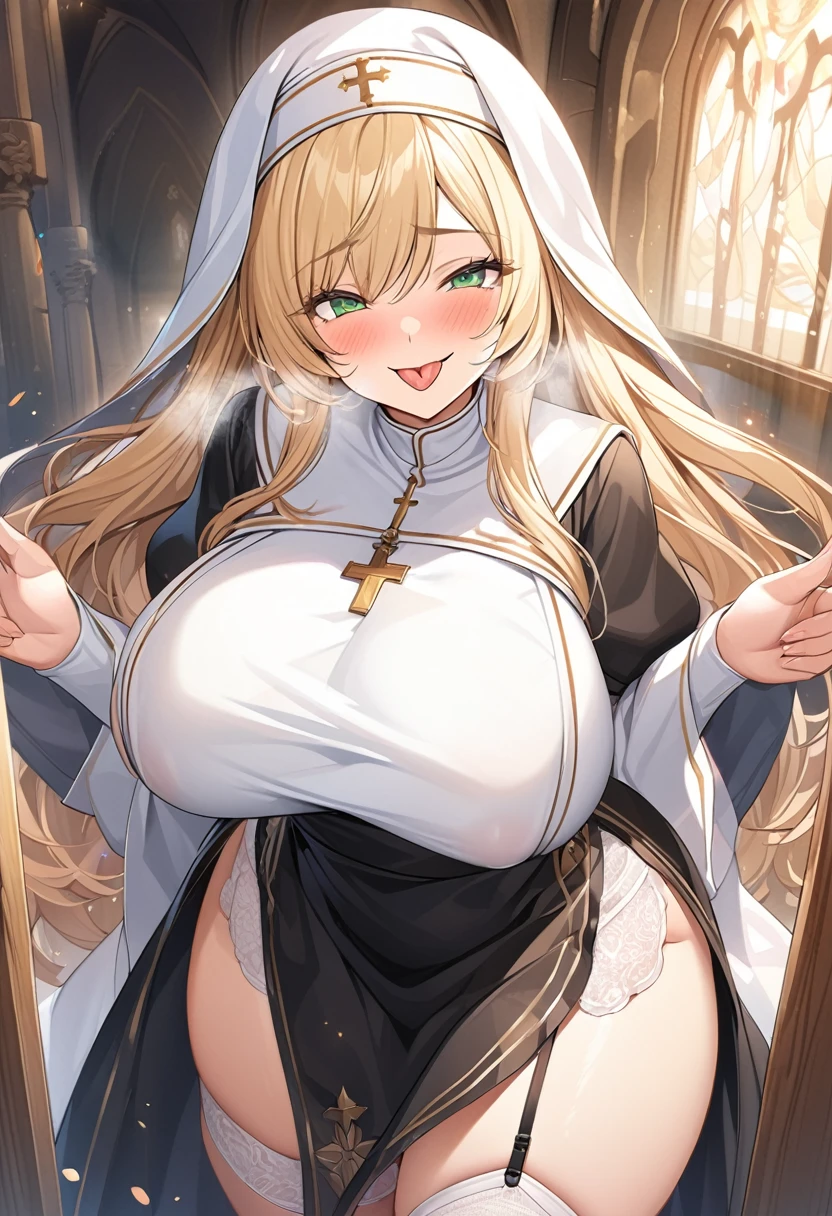 masterpiece, Highest quality, Official Art, Highly detailed CG Unity 8k wallpaper, Detailed Background, (Handcrafted by Guido Daniele), (Finger details), Mature Woman1, (Curvy), (Nuns),  (standing in church), (Nuns gown:1.12), (Chest curtain:1.4), (Nuns skirt:1.11), (White Garter Straps Garter Belt:1.12), (Blonde long hair:1.12), (Hair intake:1.12), (Green Eyes:1.2), blush, (Loving smile, holy smile), ((Huge breasts:1.5、Sagging breasts:1.5、Long Breasts:1.3、sagging breast:1.5)), Tight waist, Shiny skin, (Cross Necklace), indoor, (Sacred Scene), (church:1.11), (Sunlight streaming through stained glass),Mature Woman、((sit、足を広げてsit))、Monastic Clothes、White panties、Photographed from diagonally in front、Confessional Pose、Clasp your hands in front of your chest、Close-up photo of the chest、naughty face、heavy breathing、Provocative smile、Sticking out tongue、on back、lying 、thigh focus、drunken eyes、vagina、open vagina 、spread her vagina、spread legs、Take off、excessive cum、creampie、pussy cum