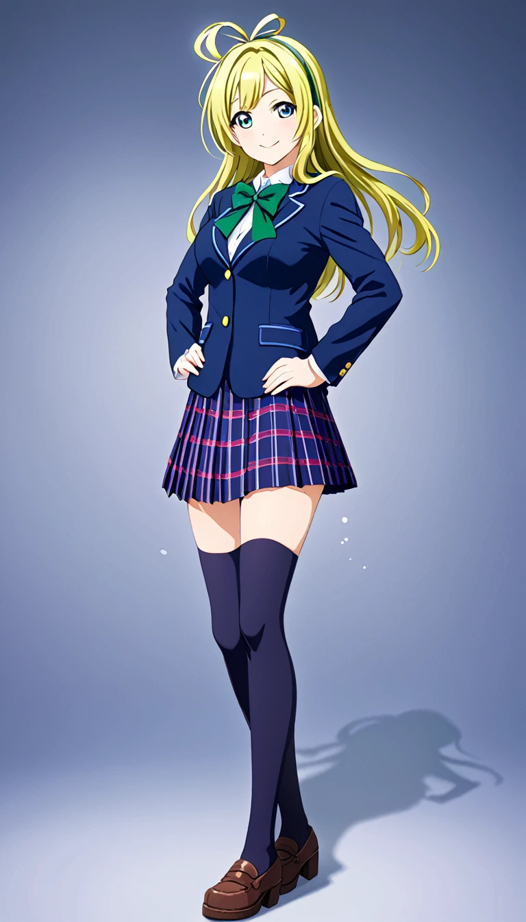 ohara mari, love live! sunshine!, blonde hair, blue eyes, wavy hair, hair band, large breasts , skirt, , otonokizaka ,navy blue jacket,green bow tie, closed mouth, blazer, looking at viewer, pleated skirt, bowtie, smile, winter uniform, striped bow, striped blue skirt, blush, plaid skirt, striped bowtie, standing,put hands on hip,cowboy shot, green bow, long sleeves, miniskirt, :d, kneehighs, socks, BREAK score_9, score_8_up, score_7_up, score_6_up, source_anime